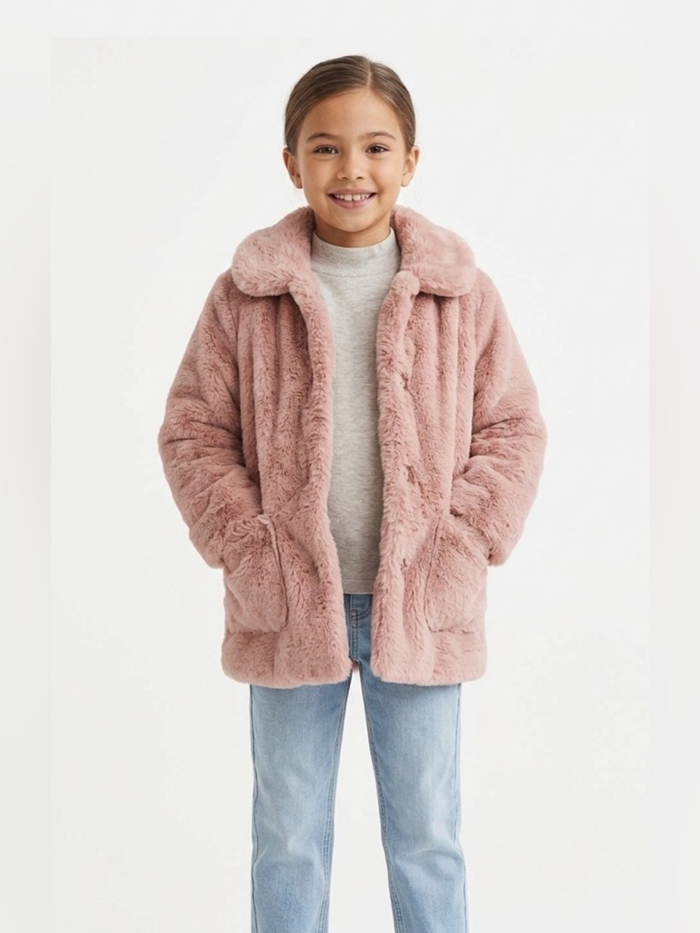 H&M Girls Pink Faux Fur Jacket 8-9y Button-Up with Pockets